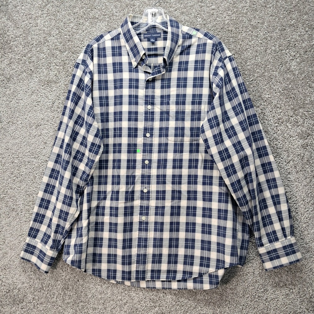 Grant Thomas Mens Large‎ Blue Cream Plaid Long Sleeve Button Down Shirt L